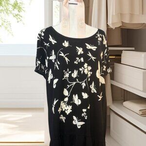 Talbots Black Butterfly & Floral Knit Top • Like New • Ruffle Hem